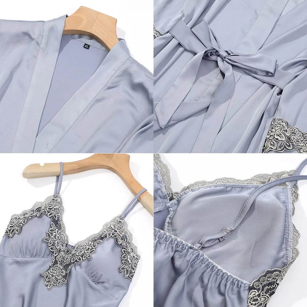 Sleepwear Nakts Kleita Sievietēm Satīna 5GAB Drēbes, Uzstādīt Zīdaini Peldmētelis Kimono Kleita Sexy Mežģīņu Līgavas Kāzu Dāvanu, Mājas halāti