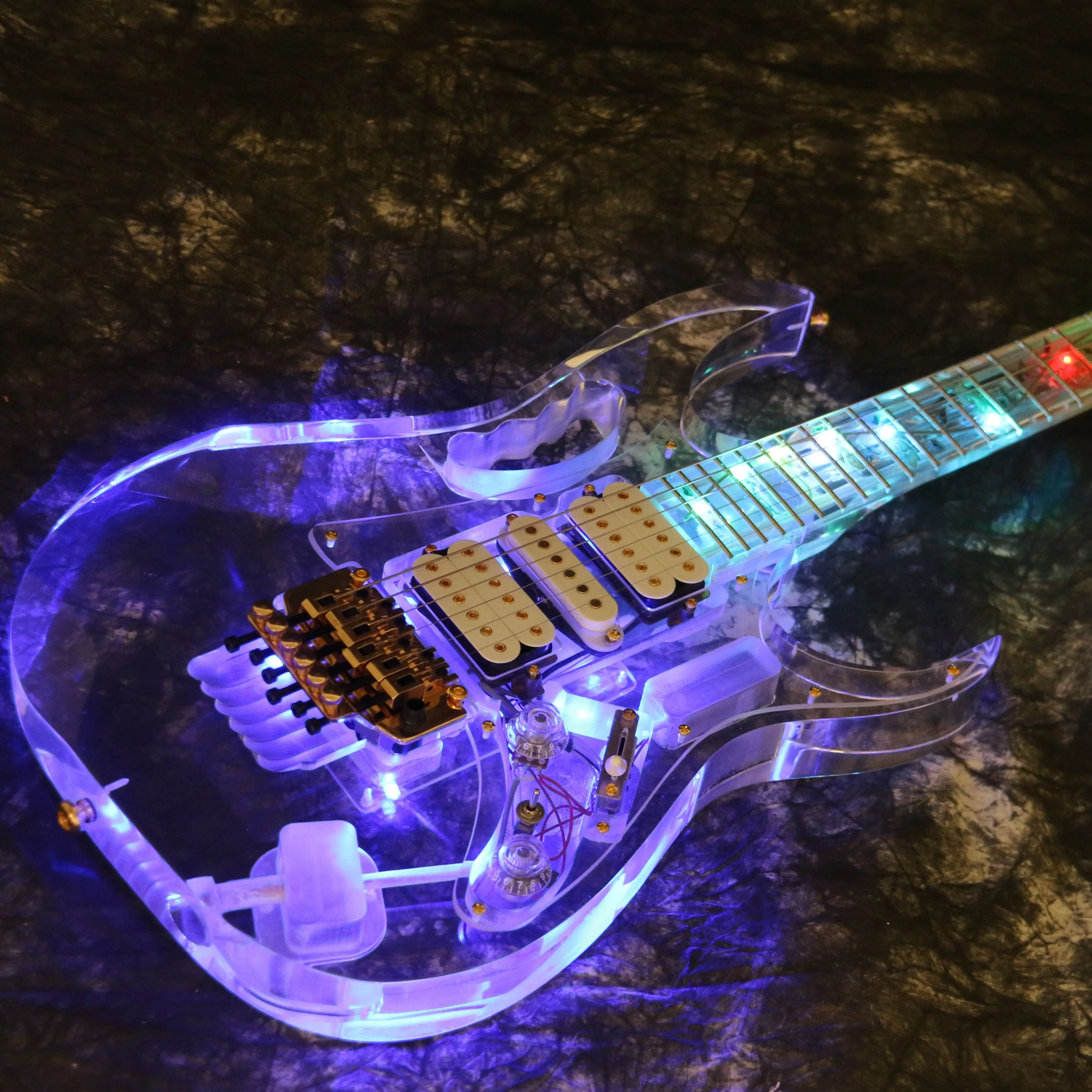 T-ED12 LED Gaismas Elektriskā Ģitāra 7VE Stils, Pilns Akrila Krāsains Flash Led Gaismas Kristāla Ģitāra