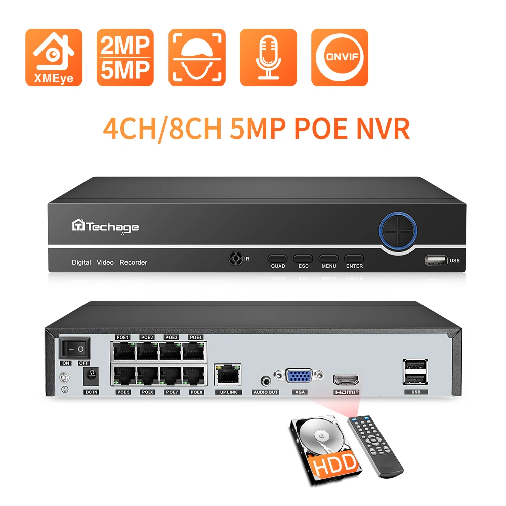 Techage H. 265 4CH 8CH POE VRR Komplekts 2MP 5MP Drošības IP Kameras VRR P2P Sistēmas CCTV Video Ieraksti Uzraudzību, kas Atbalsta ONVIF