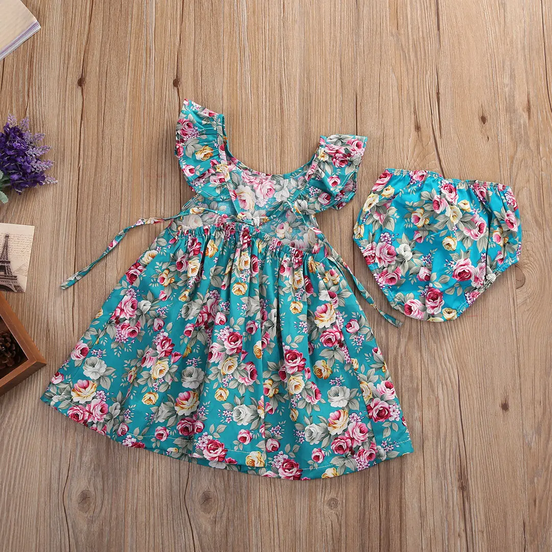 Toddler Zīdaiņiem Un Bērniem, Bērnu Meitene Kleita Zilā Ziedu Savirmot Sundress Meitenes Vasaras Kleitas Biksītes Tērpiem Ikdienas Bērnu Apģērbu