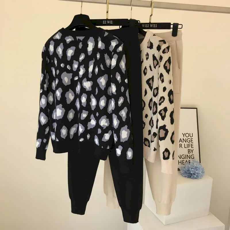 Tracksuit sieviešu 2020 rudens ziemas jaunu uzvalku vaļīgu leopards drukāt džemperis sabiezējumu divdaļīga adīt bikses sievietēm, moderns