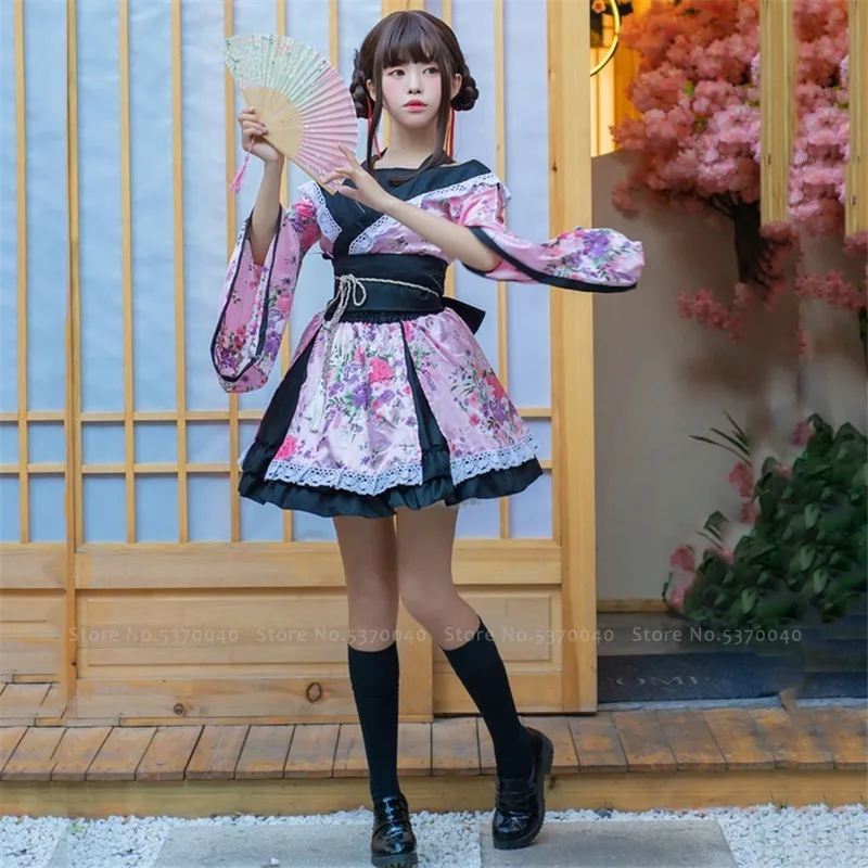 Tradicionālā Japāņu Lolita Anime Cosplay Kostīmu Kimono Kleita Sievietēm Sakura Yukata Tutu Kawaii Meitene Haori Puses Posmā Apģērbs