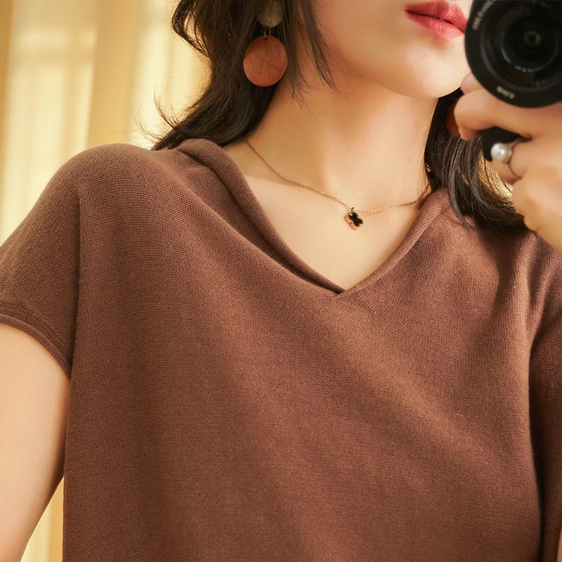Tīru Krāsu Adīt Džemperi Harajuku Gadījuma Brīvs T-krekls Modes V-veida kakla Īsām Piedurknēm Tīras Kokvilnas Tīru Krāsu Adīt Džemperi
