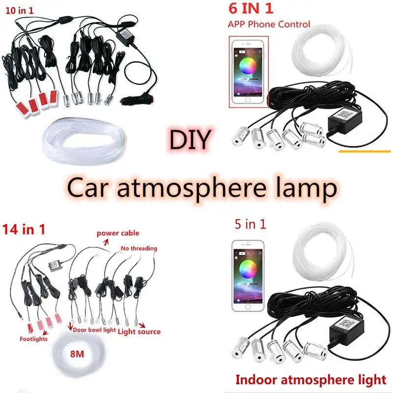 Universāls auto Apkārtējā gaisma 12V Dekoratīvās Atmosfēru Lampas Remote App Contro Diy LED 6M 8M Auto Fiber Optisko Strip Gaismas