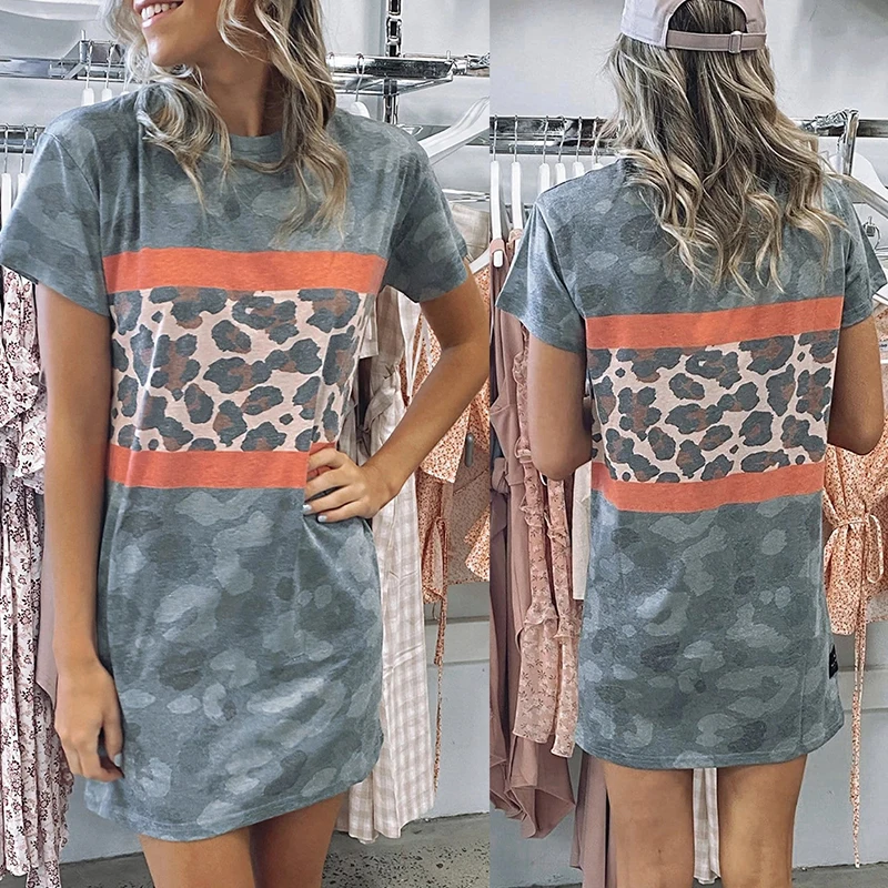 Vasaras Krekls Mini Kleita Sievietēm Gadījuma Maskēties Leopards Izdrukāt Apaļu Apkakli, Īsām Piedurknēm, Sieviešu Mini Kleita Seksīga Kleita