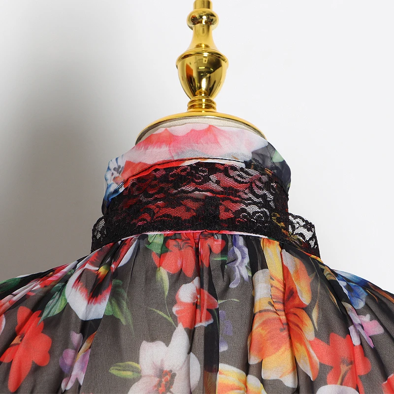 VGH Pavasara Sieviešu Vintage Izlīdzināšanu Piedurknēm Krekls Pārsējs Loku Mežģīnes Drukāt Slim Hem Sieviešu Modes Apģērbu 2020 