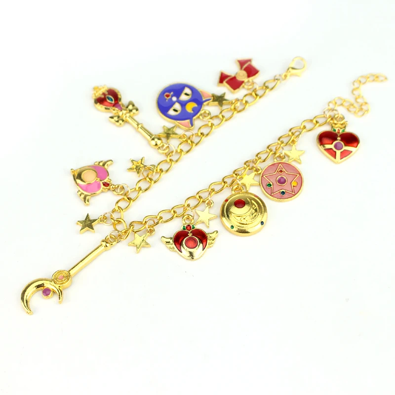 Zelta Krāsā Sailor moon šarmu rokassprādzi Usagi braccialetto Kaķis Sirds Aproces & Aproces Sieviešu Rotaslietas Pulseira Feminina