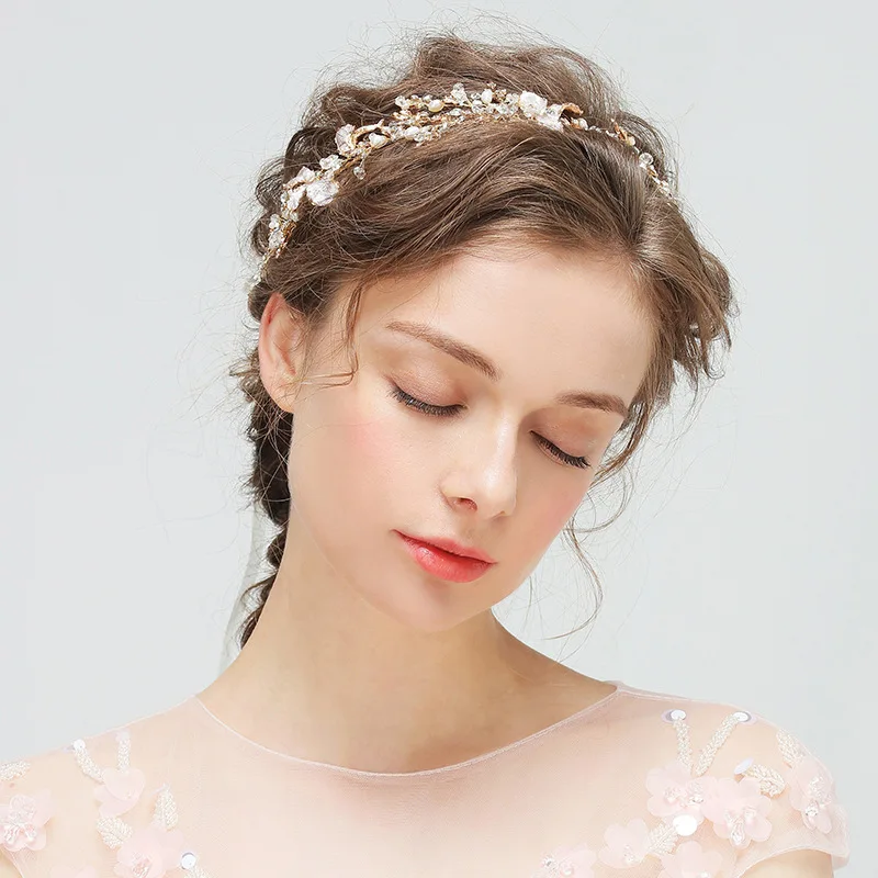 Ziedu Kāzu Tiara Līgavas Galvas un Līgava Tiara Hairband Ar Pērlēm Rhinestones Headpiece Līgavas Matu Vīnogulājiem
