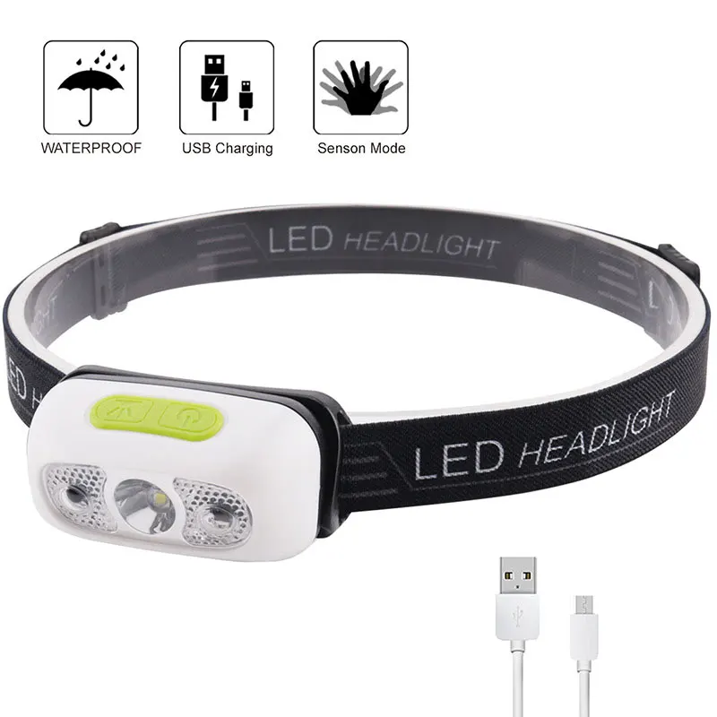 Zvejas LED Lukturu Sensors Lukturis Uzlādes ar USB Lādējamu Darbojas Vadītājs, gaismas, Kustības Indukcijas Galvas Lampas Āra Apgaismojums