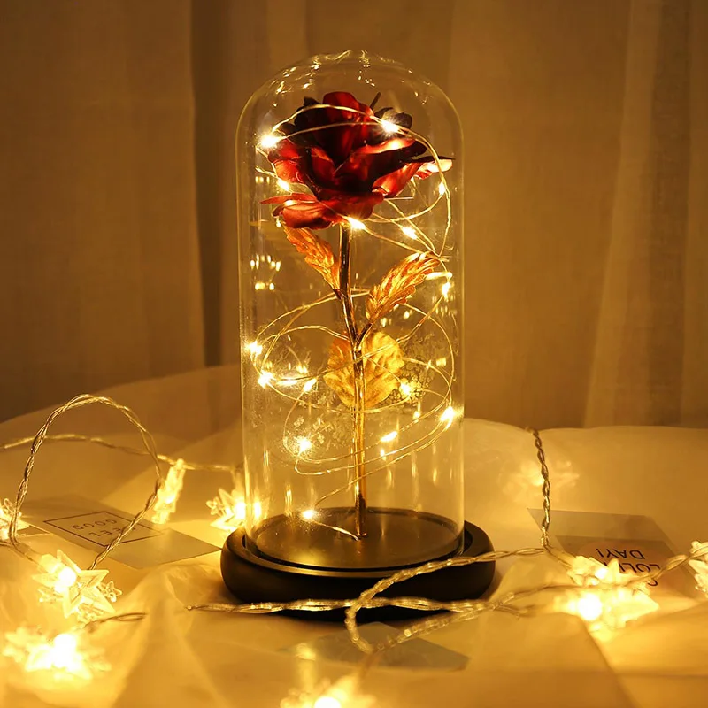 Žāvēti Saulespuķu Rožu LED Gaismas Stīgu Stikla Kupola Uz Koka Bāzes Romantisku Dāvanu Meitene Valentīna Diena Kāzu Dekori