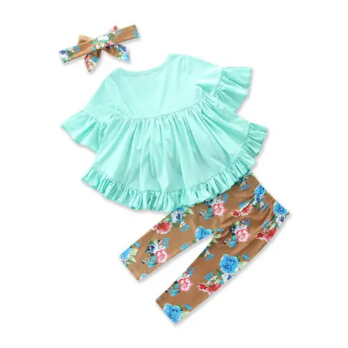 1-6 Gadiem Bērnu Apģērbs Mazulim Meitene Ziedu garām Piedurknēm Top Zīdaiņu Blūze Bērni Bikses Meitenēm Galvu 3Pcs Apģērbu Komplekts