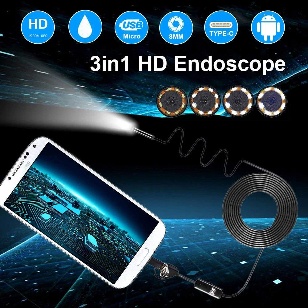 1080P HD Android endoskopu Kamera 8mm 2MP USB USB Borescope Caurule 1M, 2M, 5M Mini Snake Kamerām Mikro Kamera 8 led Android PC