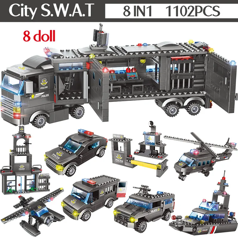 1102-1122pcs Pilsētas Policijas iecirkni, Celtniecības Bloki, City Truck SWAT Komanda Ķieģeļi Izglītības Rotaļlieta Zēniem bērniem
