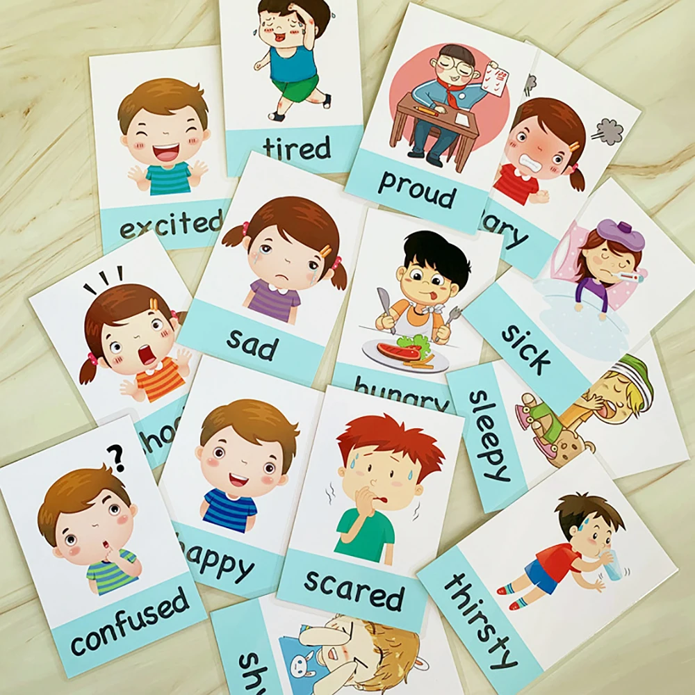 14Pcs Montessori Bērnu Mācību Rotaļlietas, Multfilmas Garastāvokli, Emocijas Flash Karšu angļu valodas apmācības Kartes Sākumā Izglītojošas Rotaļlietas Bērniem