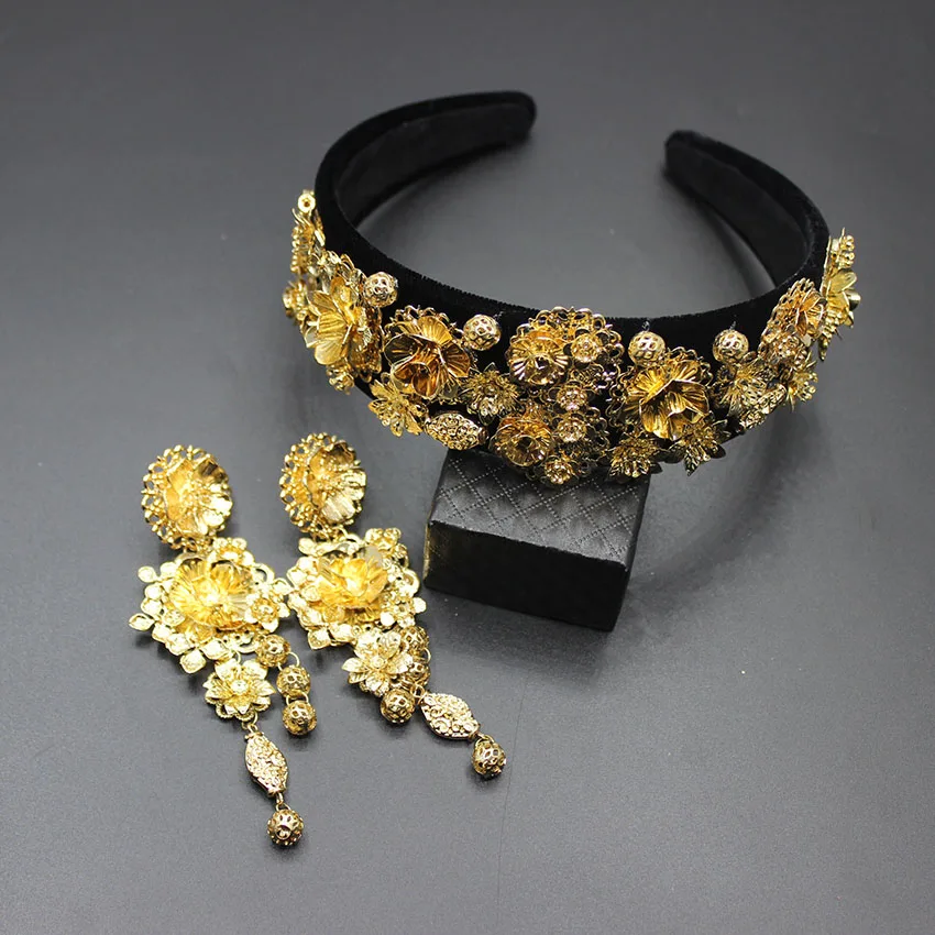2019 Baroka Tiesa Vainagu ģeometriskā metāla gem galvas stīpa Eiropas un Amerikāņu retro Baroka zelta ziedu galvassegu auskari stīpu