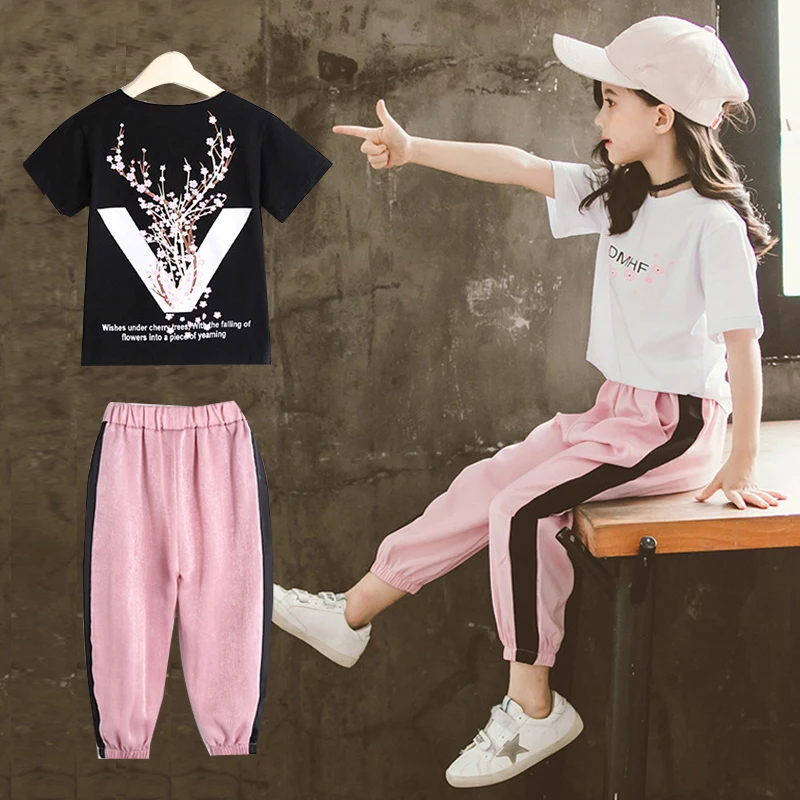 2019. gada Vasaras Meiteņu Apģērbu Komplekti Meitenēm ar Īsām Piedurknēm T-krekls+Casual Bikses Teen Girl Apģērbu 8 10 12 14 Gadus atpakaļ uz skolu apģērbs