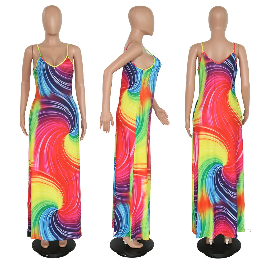 2019 Sieviešu vasaras varavīksnes kaklasaites krāsu svītras star print spageti siksnas piedurknēm pludmales modes gara kleita maxi vestidos