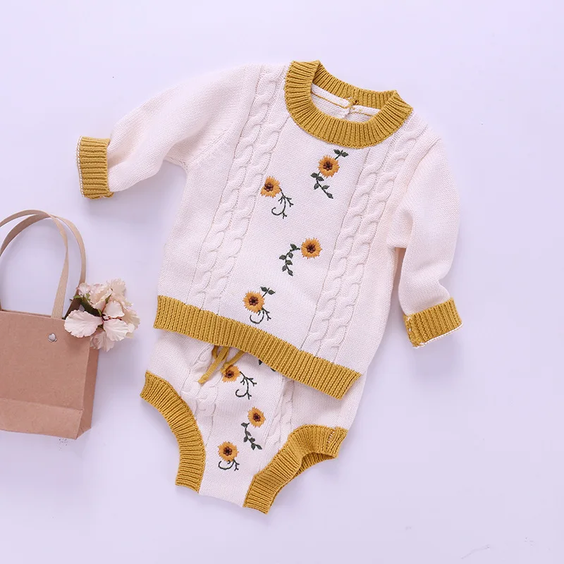 2020 Zīdaiņiem Jaundzimušo Meiteņu Apģērbu Komplekti, Izšūti Daisy Ziedu Kabeļu Trikotāžas Džemperis Džemperis + Grunts Īss 2gab Apģērbu Komplekts
