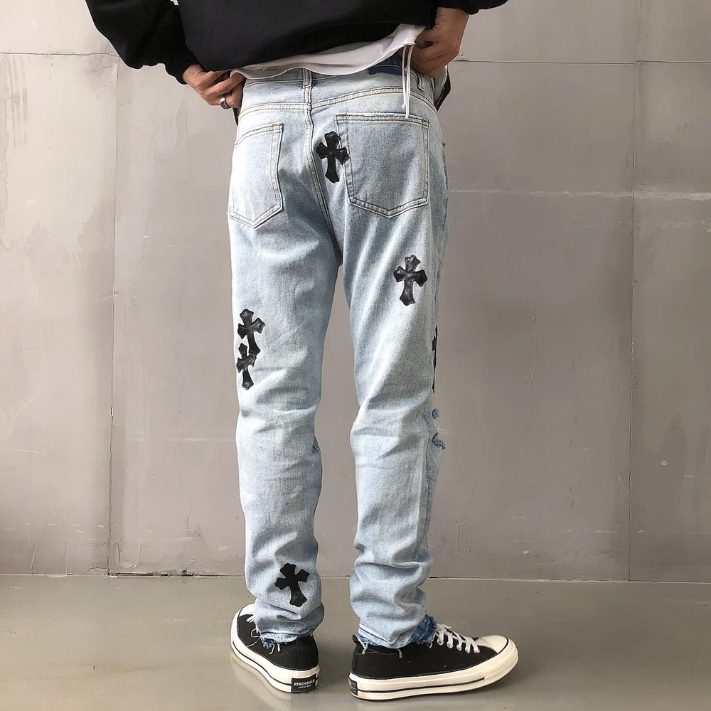 2021Men Džinsi Streetwear Modes Izšūtu cross Ripped Džinsi Slim Bikses Harajuku Hip hop Gotikas