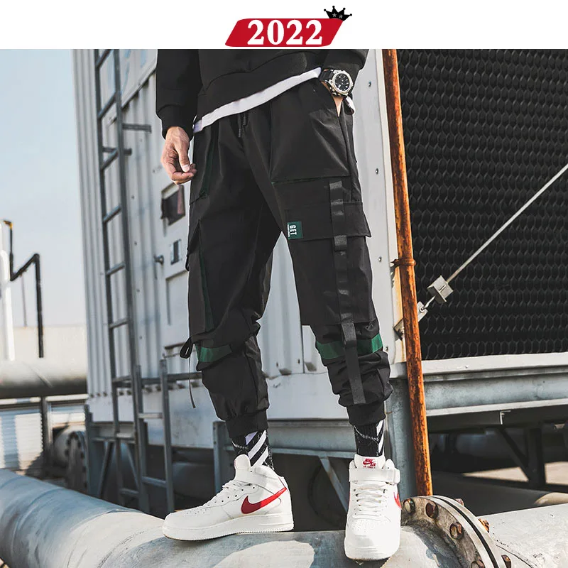 2022 Vīriešiem Lentes Streetwear Kravas Bikses 2019 Rudens Hip Hop Joggers Bikses (Dungriņi) Black Modes Baggy Kabatas Bikses