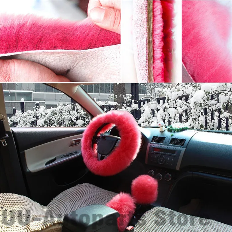 3pcs/komplekts rozā Auto Stūres Rats Segumu Vilnas Ziemas Būtiska Universal