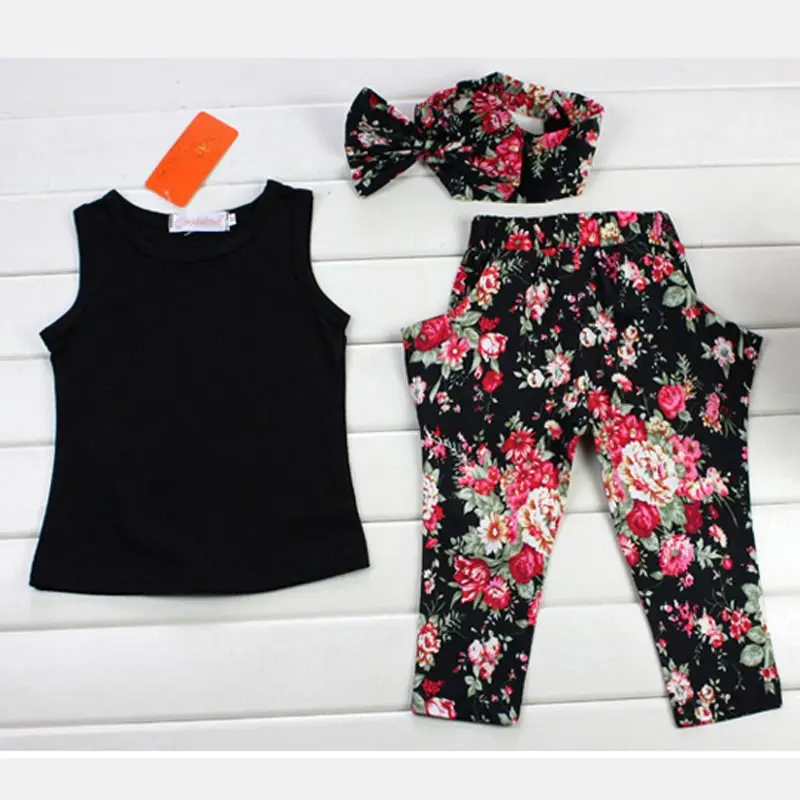 3pcs Modes Baby Meitenes Ziedu Apģērbu Komplekti Tērpiem Galvas stīpa T-krekls Ziedu Bikses Spilgtā Vasaras Saule Apģērbu Komplekti