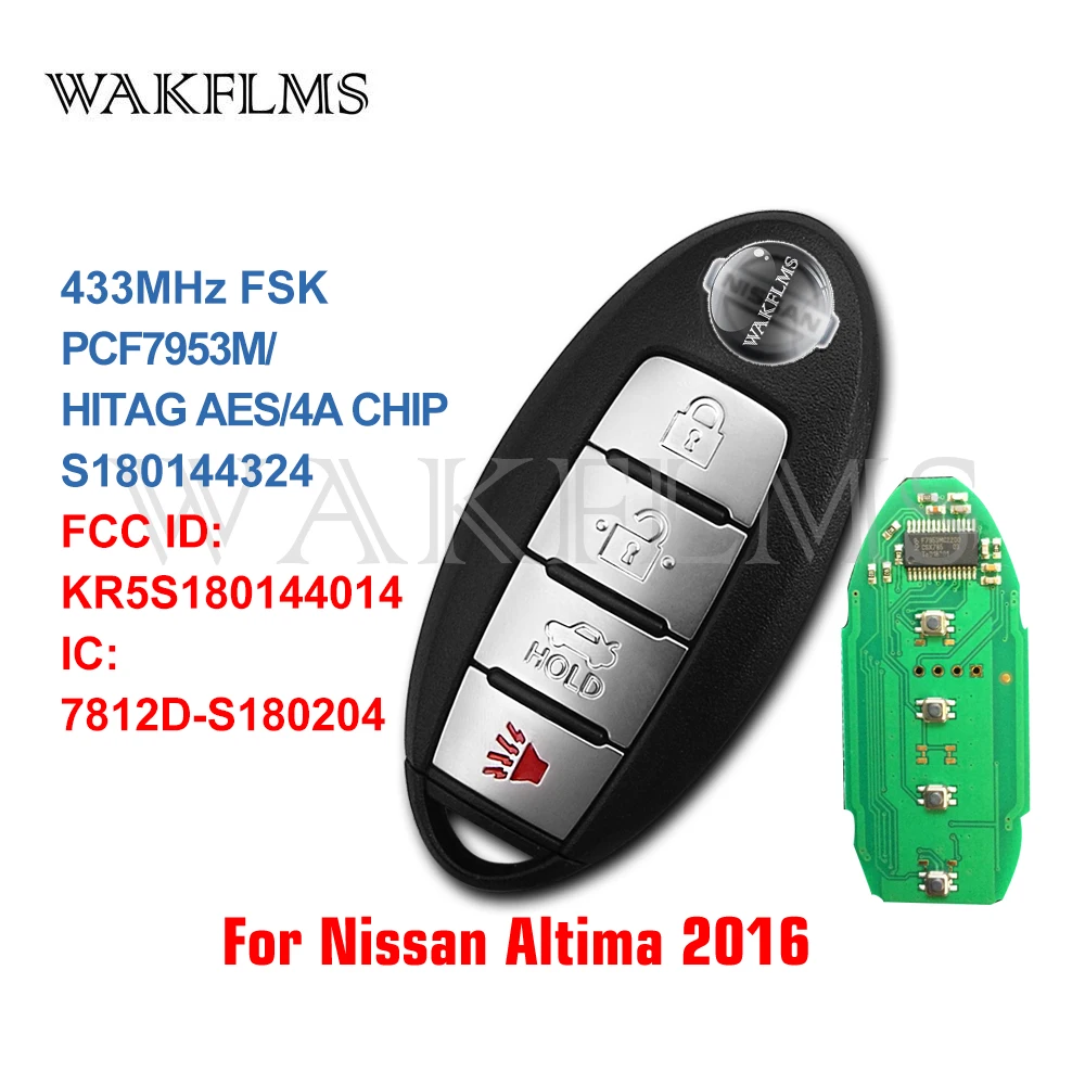 4 Pogas Smart Remote Auto Atslēgu 433MHz Fob par Nissan Altima līdz 2016. ar PCF7953M Hitag AES 4A Čipu KR5S180144014 S180144324