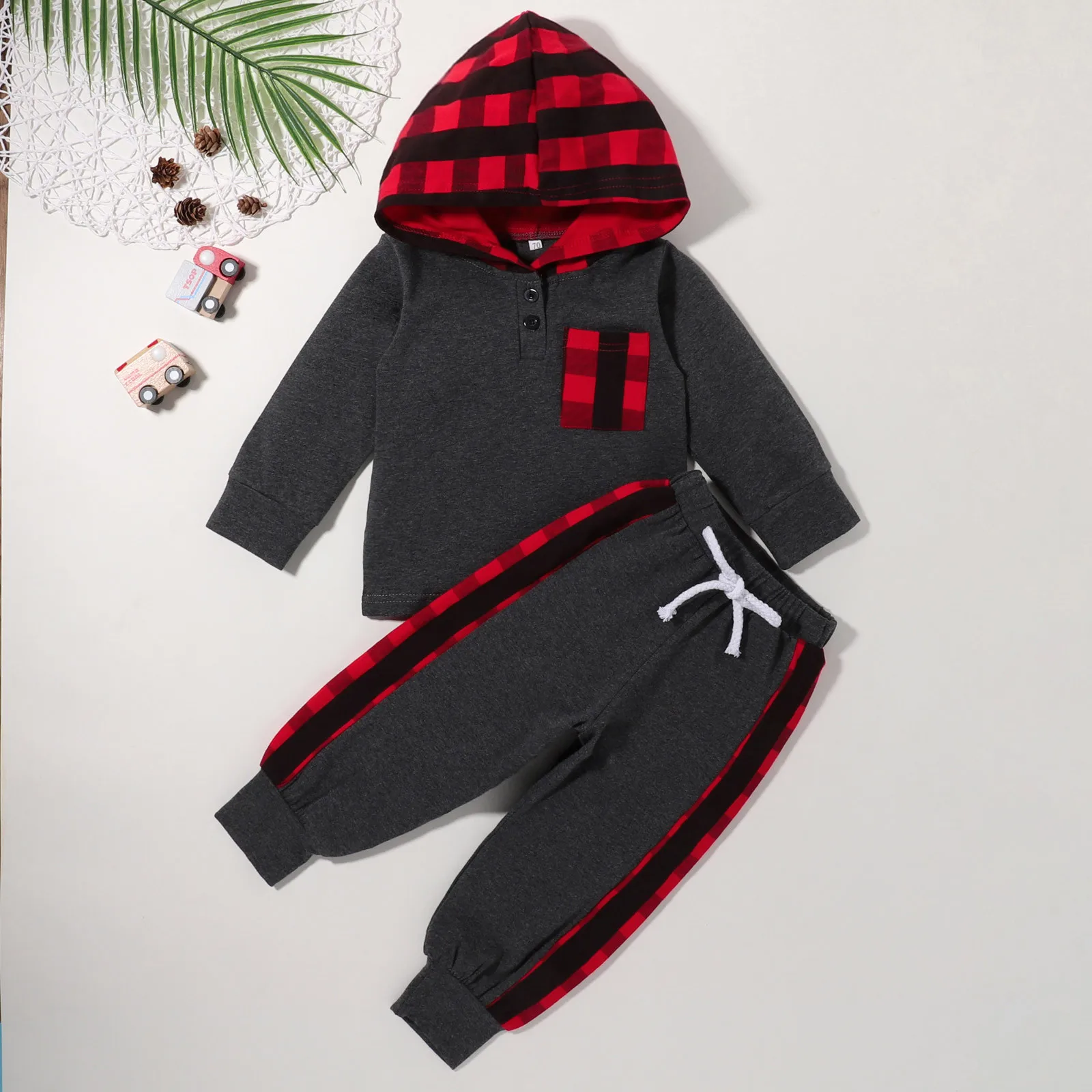 40# Toddler Apģērbu Baby Zēni Meitenes Ziemā Silts Modes Kabatas Pleds Kapuces Džemperis + Bikses Atbilstu Bērna Tracksuit Ropa Niña
