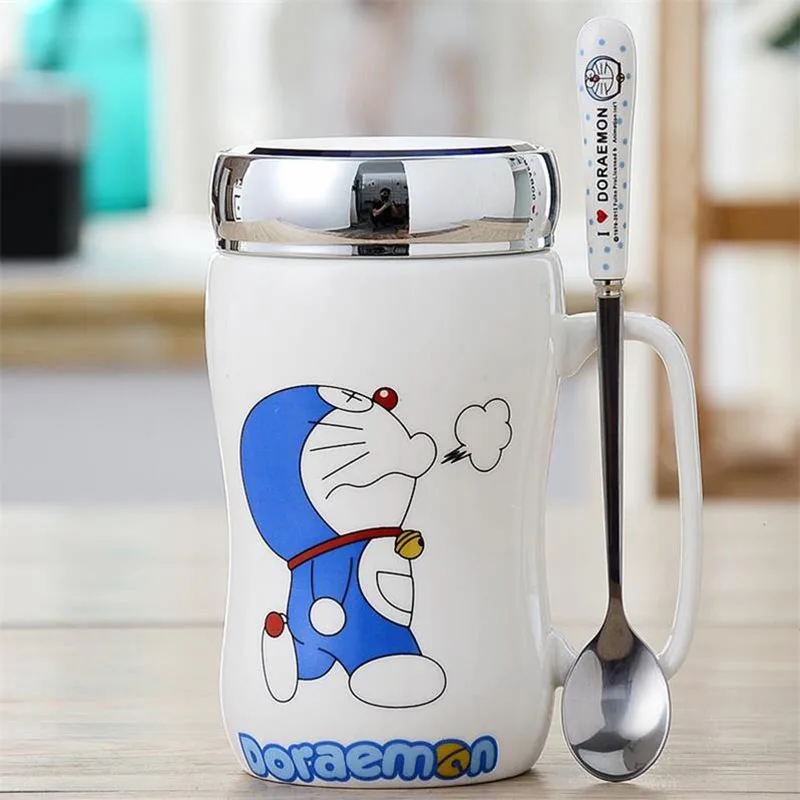 450ml Doraemon Keramikas Kafijas Krūzes ar Spoguļa Vāku un Karoti Gudrs Totoro Tējas Tase Piena Krūze Sievietēm, Meitenēm Pusaudžu Students