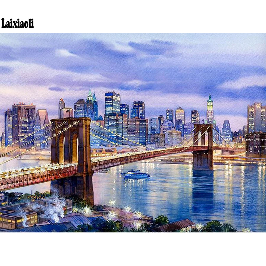 5D Diy Dimanta Glezniecības Ņujorkas Bruklinas Tilts Dimanta Mozaīkas Pilnu Kvadrātveida Pilsētu Nakts ainavas, Diamond Izšuvumi krustdūrienā