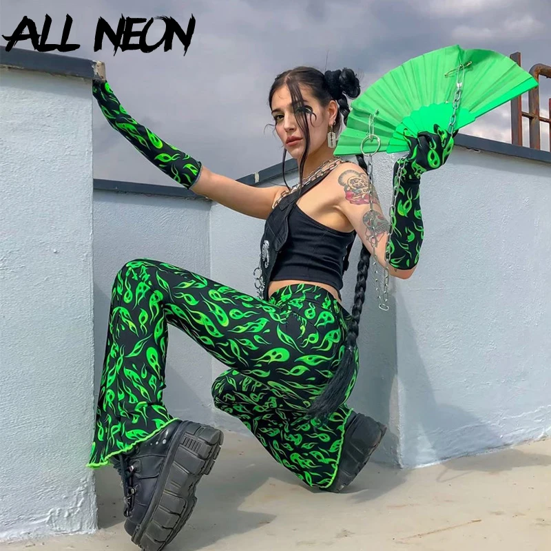 ALLNeon E-meitene Stila Garās Bikses un Zaļu uzdruku Izlīdzināšanu Bikses Modes Rave Festivāls Bikses Streetwear Bikses Sievietēm Punk Drēbes