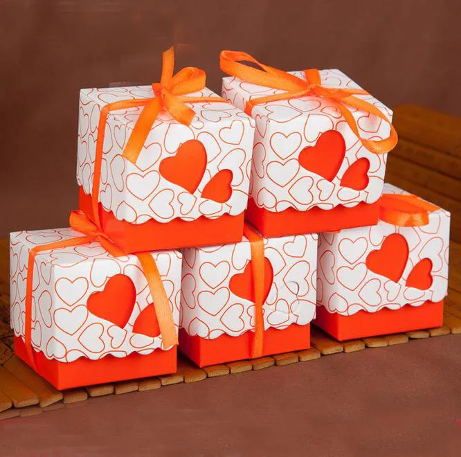 Apelsīnu Dubultā Sirds Kāzu Favor Kastes dāvanu kastes konfekšu kaste kāzu kaste ar Lenti Bezmaksas Piegāde