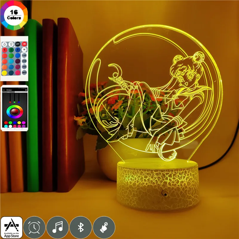 App Kontroles Anime gaismas Sailor Moon 3D LED Lampa 7 Krāsa Mainās Nakts Gaisma Atdzist Meitene Bērnu Guļamistaba Dekorēšana Dāvanu Rotaļlietas