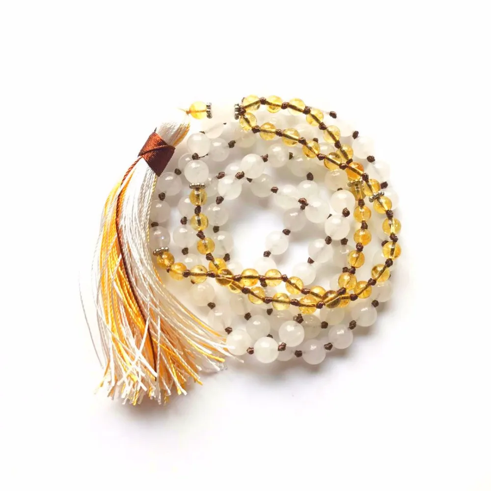 Balts izgatavots un YellowQuartz Kaklarota Rokām Mezgloti 108 Mala Pērles Kaklarota Budisma Meditācijas Kaklarotas Lūgšanu Kaklarotas