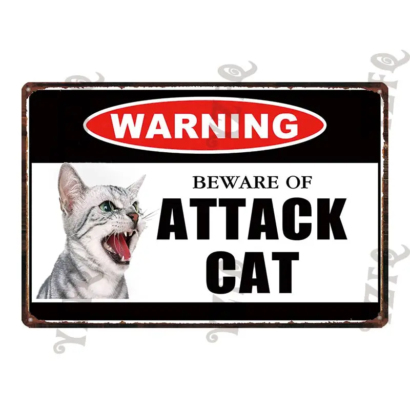 Brīdinājuma Zīme Uzmanieties No Uzbrukuma Kaķis Dekoratīvs Noplucis Šiks Metāla Skārda Zīme Sienas Josla Mājas Mākslas Pet Shop Amatniecības Dekoru 30X20CM DU-4723A