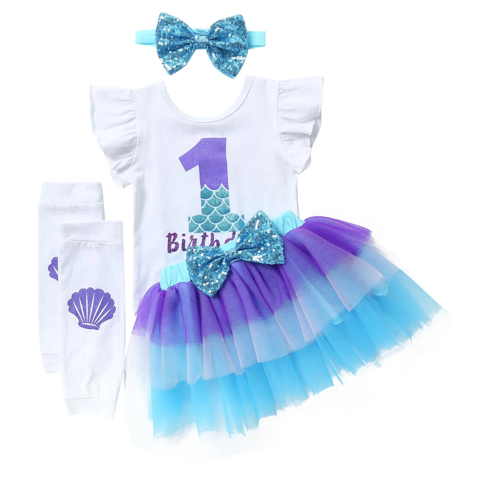 Bērnu Meitene Princese Apģērbu Komplekts Sirēna 1. Dzimšanas dienas svinības Apģērbs Sirēna Romper Acs Tutu Kleita Sequin Bowknot Stulpiņi Kostīms