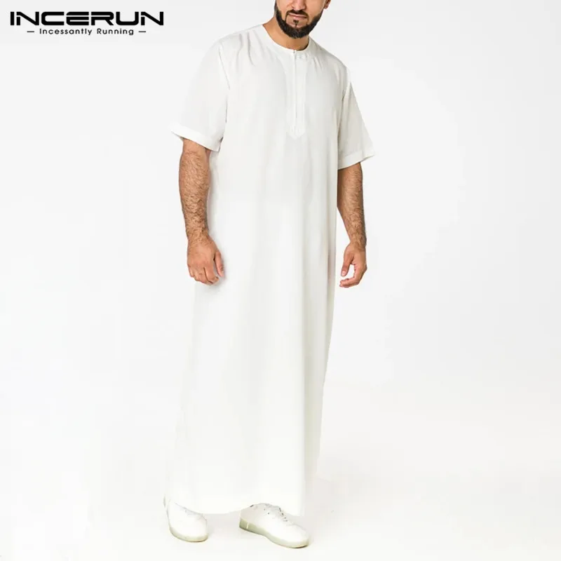 Cilvēks Vintage Īsām Piedurknēm O Kakla Musulmaņu arābu Islāma Apģērba INCERUN Mens vienkrāsainu Tērpu Saūda Stila Rāvējslēdzēju Jubba Thobe 5XL