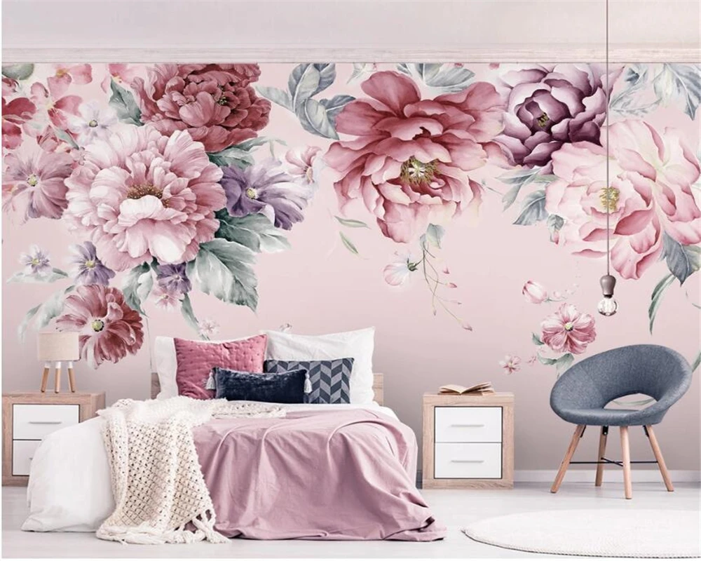 Custom tapetes murals Ziemeļvalstu svaigi roku apgleznoti peoniju ziedu dārzu, viesistaba, TV fonā sienas gleznojums, foto, 3d tapetes