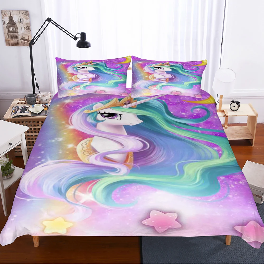 Diezgan Unicorn Zvaigžņu Sega sedz, kas ar Spilvendrāna Vienu Divguļamo Gultas Komplekts Meitenēm Ādai draudzīgu gultas Pārklāji Gultas Mierinātājs Komplekti
