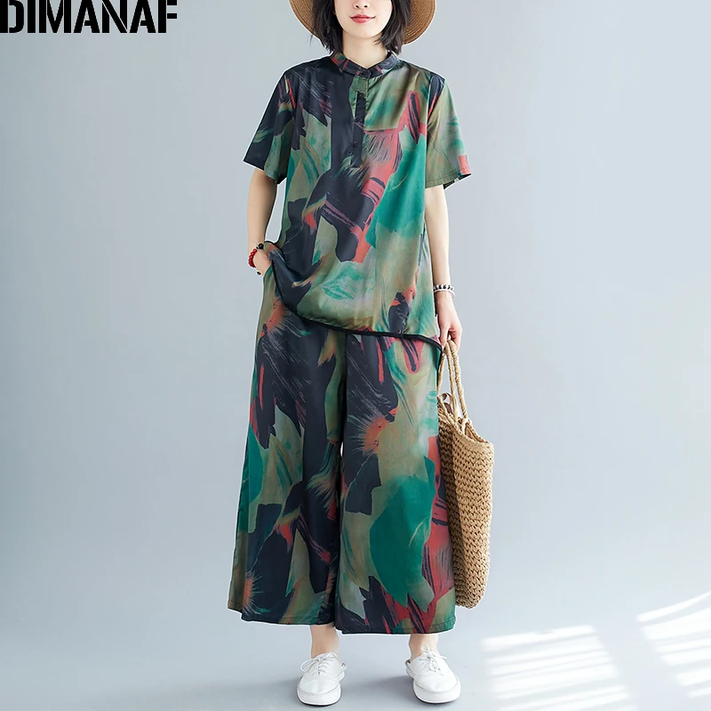 DIMANAF Plus Lieluma Sievietēm Komplekti Uzvalks Apģērbu Šifona Eleganta Dāma, Topi, Krekli, Garas Bikses Vaļīgas Gadījuma Vintage Print 2 gab. Komplekts