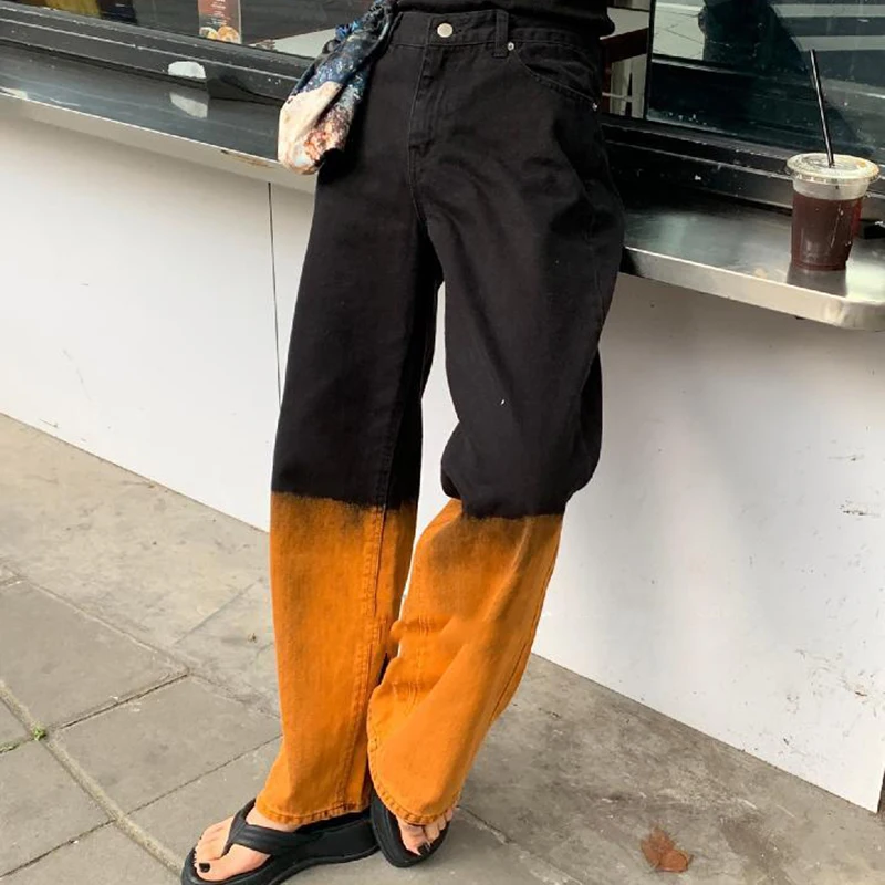 Džinsi Sievietēm Ar Augstu Vidukli, Streetwear Vintage Harajuku Draugs Zaudēt Unisex Plaša Kāju Bikses Sieviešu Kontrasta Krāsu Džinsa Modes