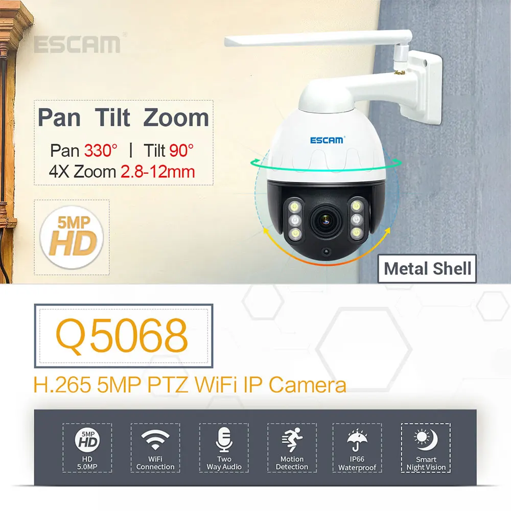 ESCAM Q5068 H. 265 5MP Pan/Tilt/4X Tālummaiņas WiFi Ūdensizturīgs ar metāla korpusa IP Kameras Atbalsta ONVIF divvirzienu Sarunu Nakts Redzamības