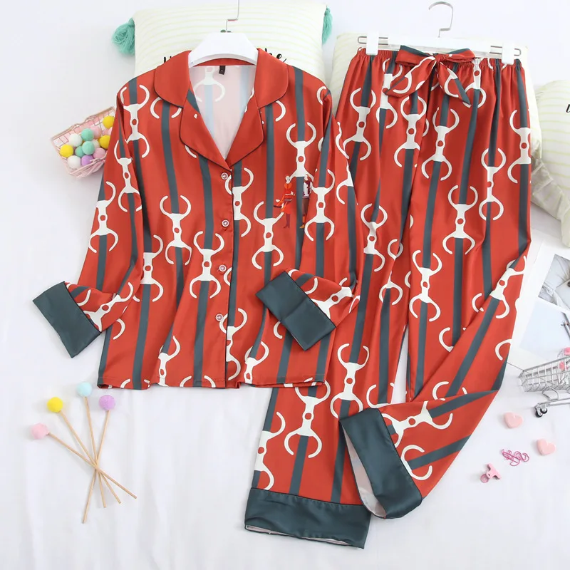 Fiklyc Pavasara Dāmas Pidžamas Komplekts Satīna Savukārt Apkakle Gadījuma Sleepwear Jaciņa Naktsveļu garām Piedurknēm Loungewear Sieviešu Apģērbu