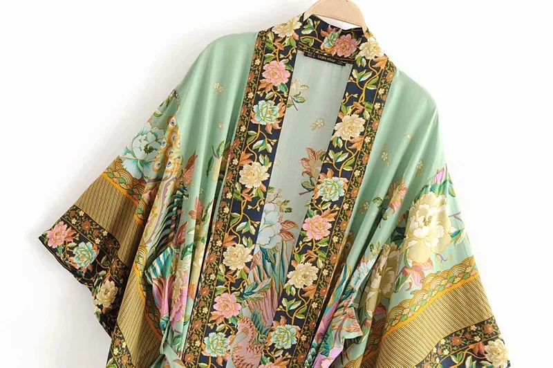 Fitshinling Drukāt Ziedu Beach Kimono Jostas Slim Ilgi Jaka Sieviešu Rudens Jaunas Kokvilnas Sexy Vintage Pludmales Cover-Up Bohēmas
