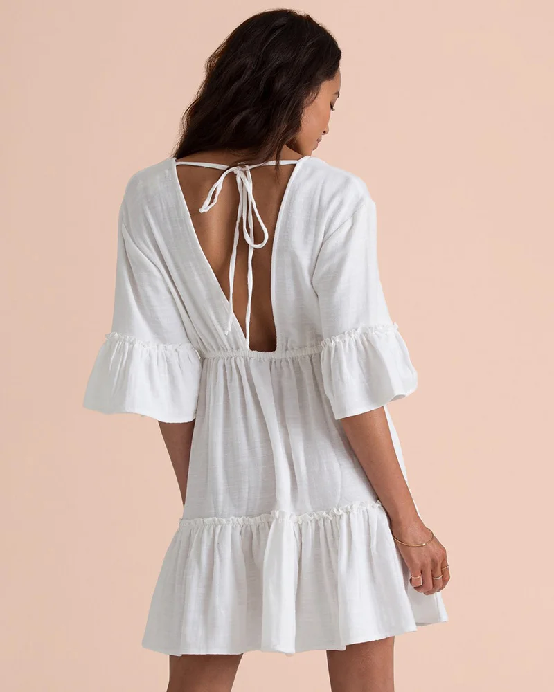 Fitshinling Dziļu v veida kakla balta vasaras kleita sievietēm izlīdzināšanu piedurknēm ruffles sexy slim boho pludmales kleitas, svētku ciets-line pareos