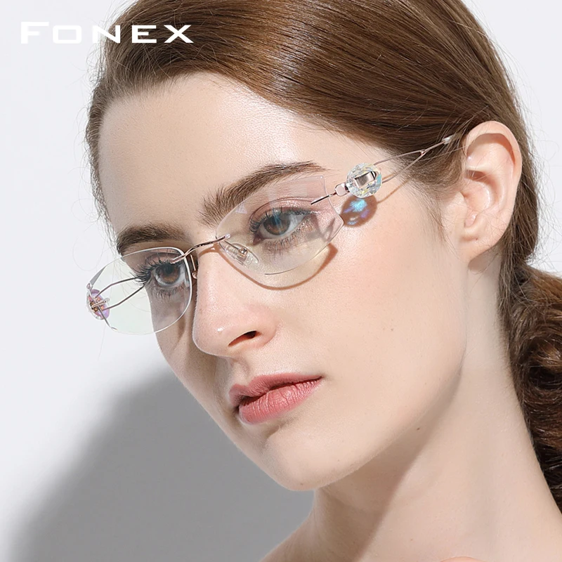 FONEX Titāna Stieples bez apmales Brilles Sievietēm Ultravieglajiem Luksusa Dimanta Melns, Recepte, Optiskās Brilles Briļļu Rāmis 973