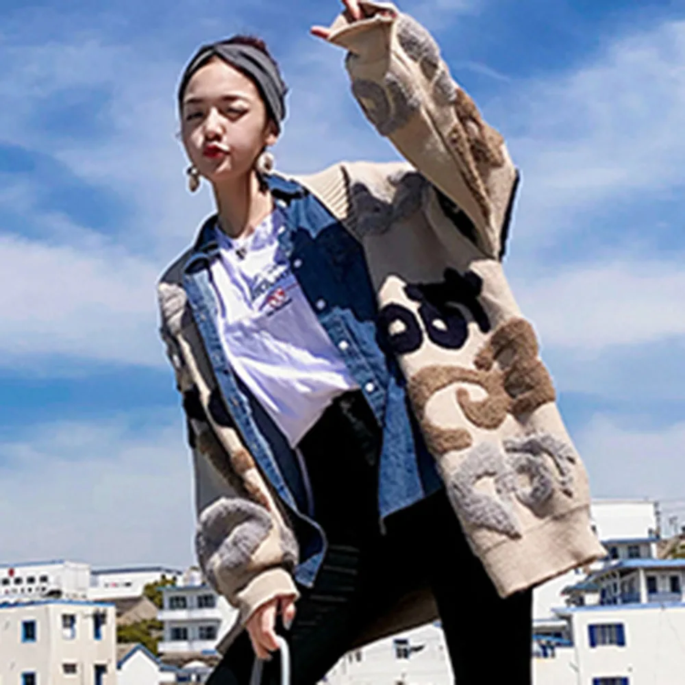 Gadījuma Lielajam Vēstuli Izdrukāt Jaka Džemperis Sieviešu Modes Biezs Silts Korejas Adīts Mētelis Outwear Trikotāža 