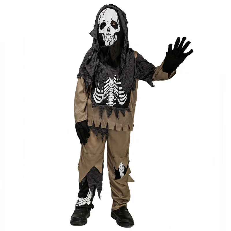 Halloween Šausmu Drukāt Skelets Jumpsuit Bērniem Zēns Maskēties Spoku Biedējošu Zombiju Cosplay Kostīmu Karnevāla Puse Kombinezonus Maska Cepure