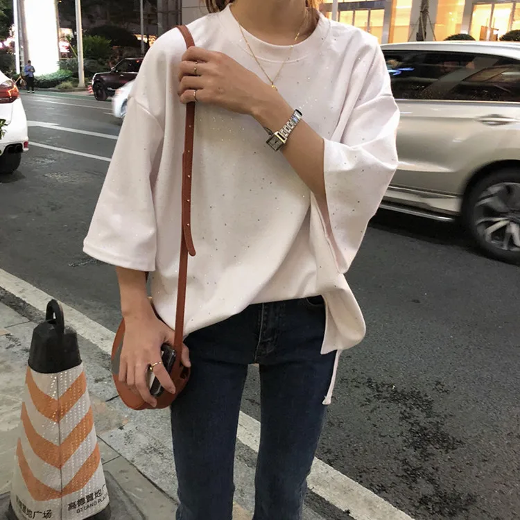 Harajuku Pusi Piedurknēm Sequin dizaina garš T-Krekls Vasaras korejas Sieviešu cietā Asimetrijas T-Krekli Vienkārši Zaudēt Sieviete baltā top tees