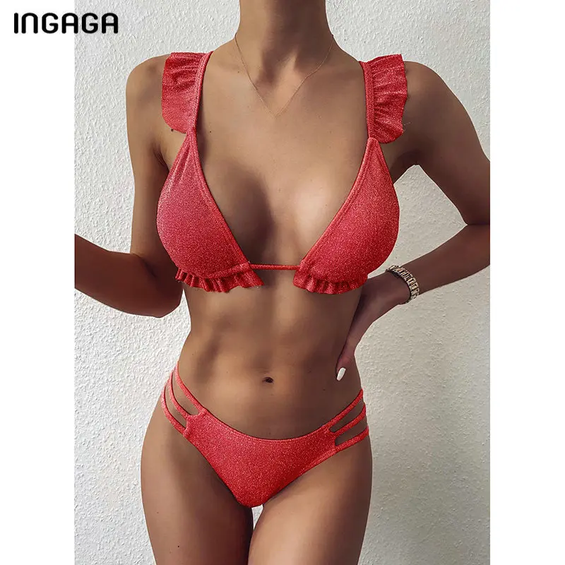 INGAGA Sexy Bikini Sieviešu Peldkostīmi Savirmot Peldkostīmi Biquni Push Up Beachwear Cieta, Spīdīga Peldvietu Tērpi Ir 2021. Dobi No Bikini
